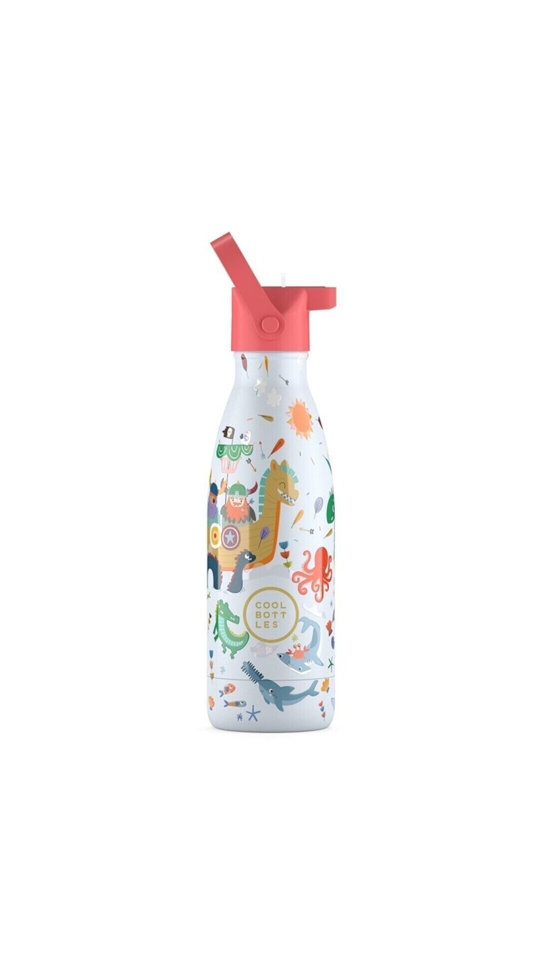 Cool Bottles - Nerūdijančio plieno vaikiškas buteliukas su šiaudeliu arba užsukimu, 350ml (Brave vikings) 1