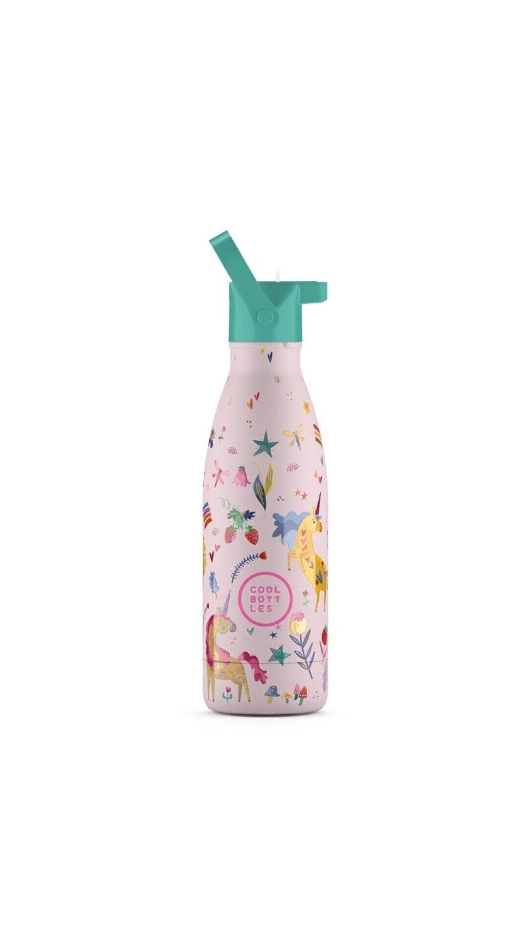Cool Bottles - Nerūdijančio plieno vaikiškas buteliukas su šiaudeliu arba užsukimu, 350ml (Funny unicorns) 1