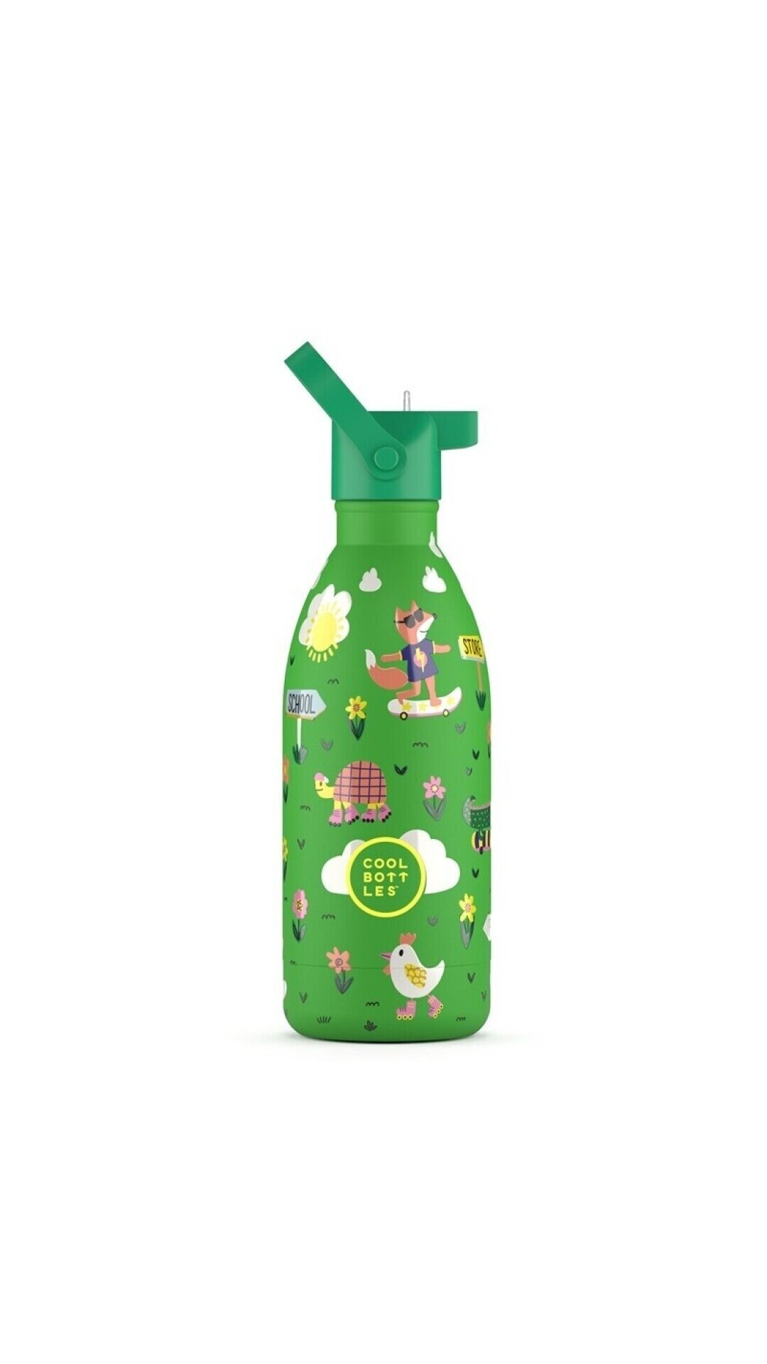 Cool Bottles - Nerūdijančio plieno vaikiškas buteliukas su šiaudeliu arba užsukimu, 500ml (Rolling skaters)