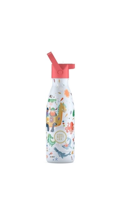Cool Bottles - Nerūdijančio plieno vaikiškas buteliukas su šiaudeliu arba užsukimu, 350ml (Brave vikings)