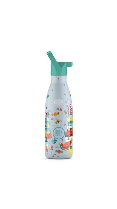 Cool Bottles - Nerūdijančio plieno vaikiškas buteliukas su šiaudeliu arba užsukimu, 350ml (Candy lands)