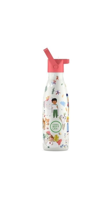 Cool Bottles - Nerūdijančio plieno vaikiškas buteliukas su šiaudeliu arba užsukimu, 350ml (Curious explorers)
