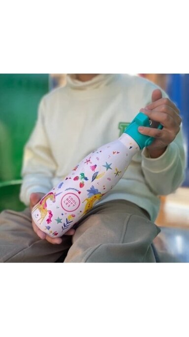 Cool Bottles - Nerūdijančio plieno vaikiškas buteliukas su šiaudeliu arba užsukimu, 350ml (Funny unicorns)