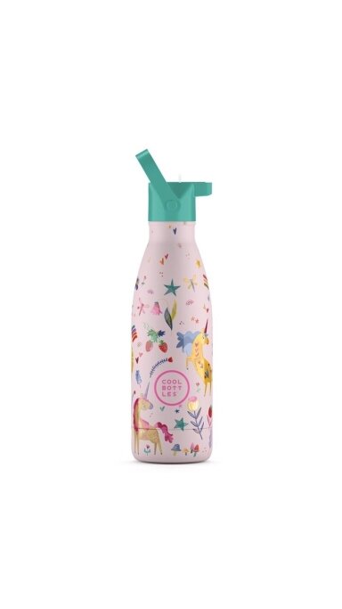 Cool Bottles - Nerūdijančio plieno vaikiškas buteliukas su šiaudeliu arba užsukimu, 350ml (Funny unicorns)