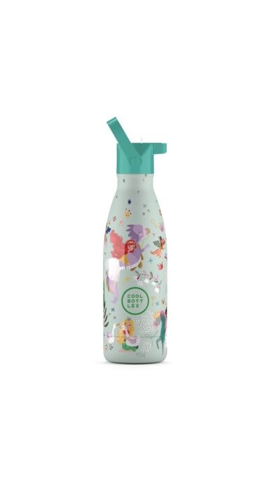 Cool Bottles - Nerūdijančio plieno vaikiškas buteliukas su šiaudeliu arba užsukimu, 350ml (Princess kingdom)
