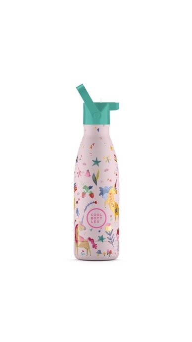 Cool Bottles - Nerūdijančio plieno vaikiškas buteliukas su šiaudeliu arba užsukimu, 350ml (Funny unicorns) 1
