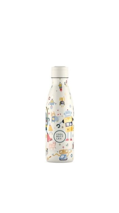 Cool Bottles - Nerūdijančio plieno vaikiškas buteliukas su šiaudeliu arba užsukimu, 350ml (Messy robots) 1