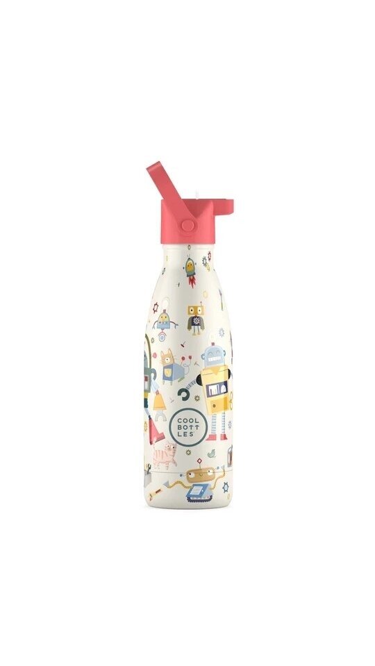 Cool Bottles - Nerūdijančio plieno vaikiškas buteliukas su šiaudeliu arba užsukimu, 350ml (Messy robots) 3