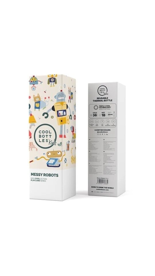 Cool Bottles - Nerūdijančio plieno vaikiškas buteliukas su šiaudeliu arba užsukimu, 350ml (Messy robots) 4 Cool Bottles - Nerūdijančio plieno vaikiškas buteliukas su šiaudeliu arba užsukimu, 350ml (Messy robots) 4